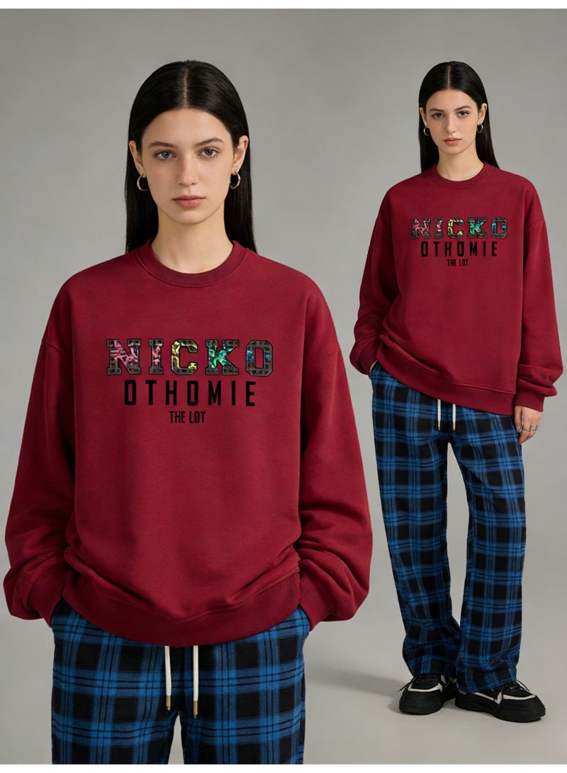 BM INS Burgundy "NICKO OTHOMIE" Leopard Print Letter Oversized Crew Neck Sweatshirt | Unisex Casual Pullover For Streetwear - Image 1